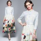 3/4-sleeve Floral Print Buckled Button-up Midi A-line Dress