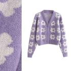 Floral Jacquard Cardigan Purple - One Size