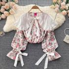 Peter Pan Collar Floral Bow Long-sleeve Top Pink - One Size