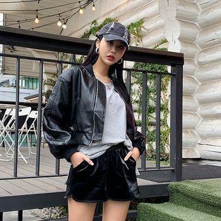 Zip-up Cropped Pleather Jacket Black - One Size