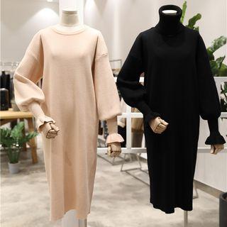 Plain Midi Knit Dress With Neck Warmer
