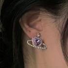 Rhinestone Heart Stud Earring 1845a - 1 Pair - Purple Gemstone Earring - Silver - One Size