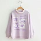 Lace-trim Cat Print Sweater Violet - One Size