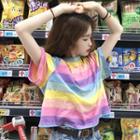 Short-sleeve Rainbow Striped T-shirt As Shown In Figure - One Size