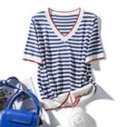 Short-sleeve V-neck Color-block Striped Knit Top