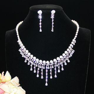 Wedding Set: Faux Pearl Rhinestone Fringed Necklace + Earring