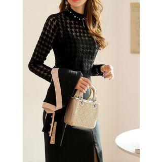 Mock-neck Houndstooth Lace Top