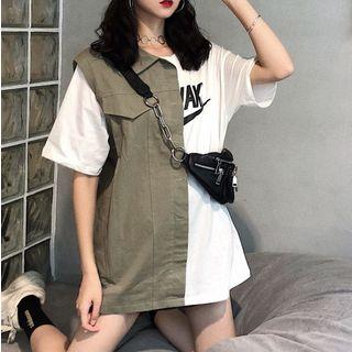 Elbow-sleeve Mock Two-piece Long T-shirt As Shown In Figure - One Size