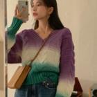 V-neck Color-block Striped Long-sleeve Sweater