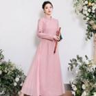 3/4-sleeve Plain Midi A-line Qipao Dress