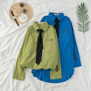 Lettering Dip-back Long-sleeve Loose-fit Shirt