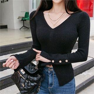Slit-cuff Asymmetric-hem Knit Top
