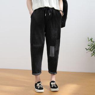 Drawstring-waist Patched Straight-cut Cropped Jeans