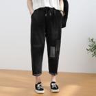 Drawstring-waist Patched Straight-cut Cropped Jeans
