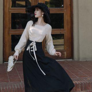 Set: Cable-knit Sweater + Lace Up Midi A-line Skirt