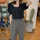 Puff-sleeve Cropped Blouse / Check Pants