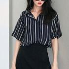 Color-block Striped Single-breasted Short-sleeve Blouse Black - One Size
