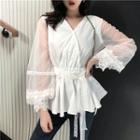 Mesh-panel Pleated Blouse White - One Size