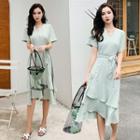 Elbow-sleeve Asymmetric Ruffled A-line Midi Dress