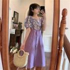 Short-sleeve Floral Print Blouse / Midi A-line Suspender Skirt