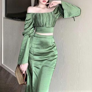 Off-shoulder Ruched Top / Side-slit Midi Skirt