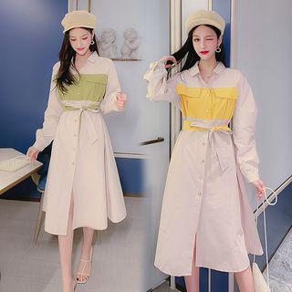 Two-tone Midi Shirt Dress With Sash