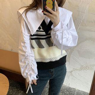 Plain Peter-pan Collar Long-sleeve Blouse / Knit Vest