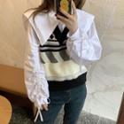 Plain Peter-pan Collar Long-sleeve Blouse / Knit Vest