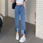 High Waist Patched Crop Straight Leg Jeans