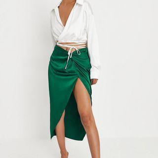 Slit Knotted Satin Midi Pencil Skirt