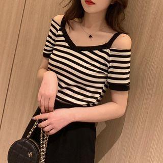 Cold-shoulder V-neck Striped T-shirt