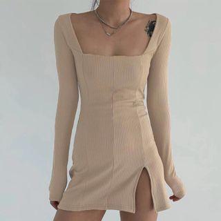 Long-sleeve Square-neck Mini Bodycon Dress
