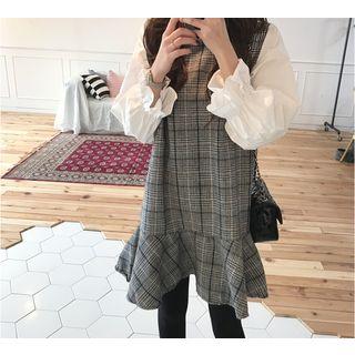 Long-sleeve Plaid Panel Shift Dress