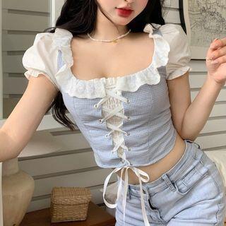 Short-sleeve Ruffle Trim Lace-up Crop Top