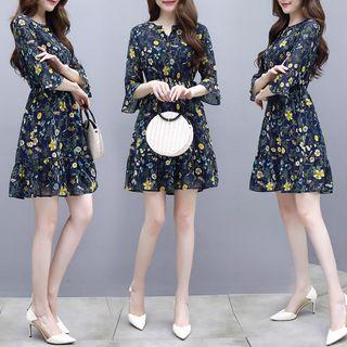 Floral Print Ruffle-sleeve Chiffon Dress