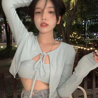Set: Tie-front Cropped Cardigan + Camisole Top White - One Size