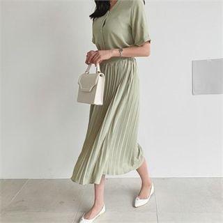 Set: V-neck Blouse + Pleated Maxi Skirt