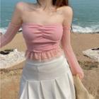 Long-sleeve Lace Trim Off-shoulder Crop Top Pink - One Size