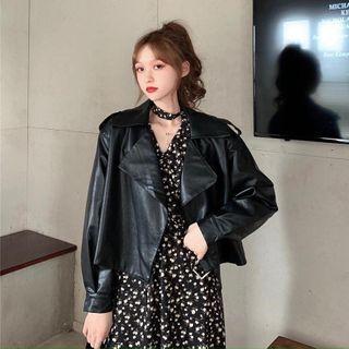 Puff-sleeve Floral Print Midi A-line Dress / Faux Leather Jacket