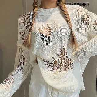 Long Sleeve Distressed Crochet Loose-fit Sweater