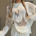 Long Sleeve Distressed Crochet Loose-fit Sweater