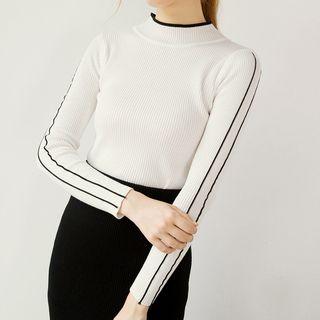 Contrast Trim Mock Neck Long Sleeve Knit Top