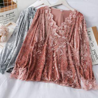 Lace-trim Velvet Loose Top