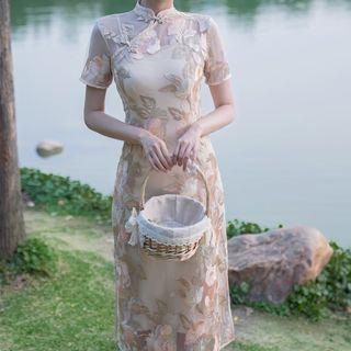 Short-sleeve Floral Mesh Midi Qipao