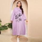Long-sleeve Hooded Printed Midi T-shirt Dress