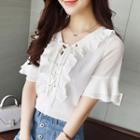 Frill Trim Elbow Sleeve Chiffon Shirt