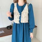 Long-sleeve Midi A-line Dress / Crochet Knit Vest