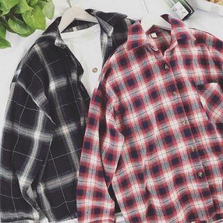 Check Collared Long-sleeve Loose-fit Blouse