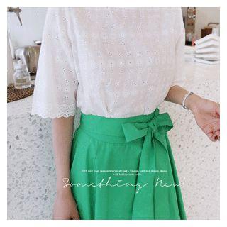 Elbow-sleeve Eyelet-lace Top White - One Size