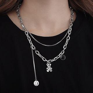 Smiley Bear Pendant Layered Stainless Steel Necklace Silver - One Size